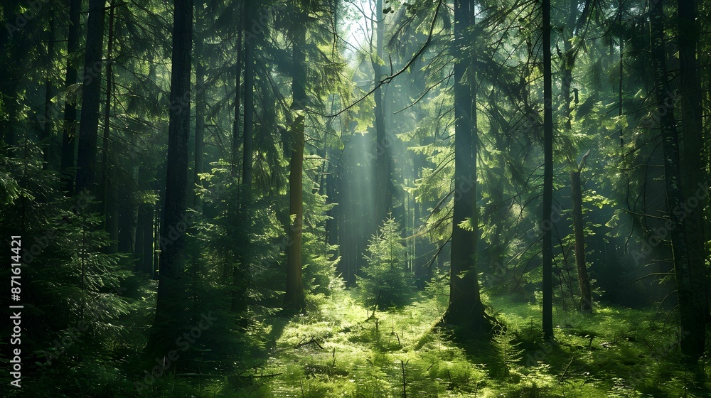 Obraz premium Lush Green Forest with Sunlight Filtering Through Tall Trees 