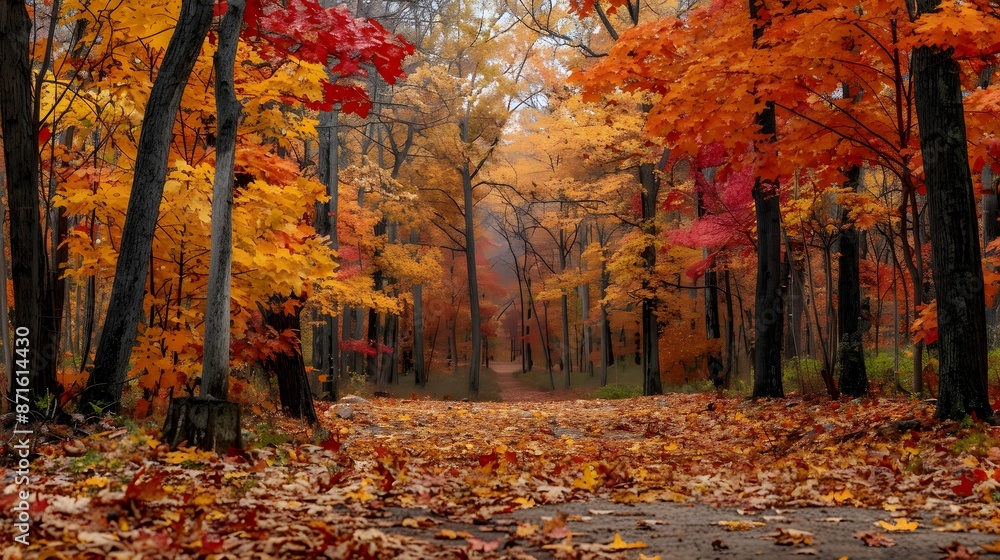 Naklejka premium Vibrant Autumn Forest with Colorful Foliage and Tall Trees