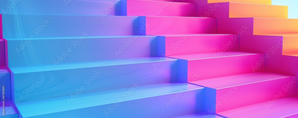 A colorful staircase with pink, blue, and yellow steps. Free copy space for text. A colorful staircase with pink, blue, and yellow steps. Free copy space for text.