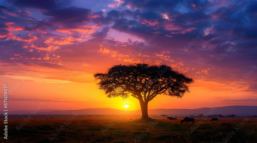 Stunning African Sunset with Silhouetted Acacia Tree and Dramatic Sky
Stunning African Sunset with Silhouetted Acacia Tree and Dramatic Sky