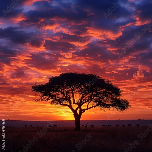 Stunning African Sunset with Silhouetted Acacia Tree and Dramatic Sky 