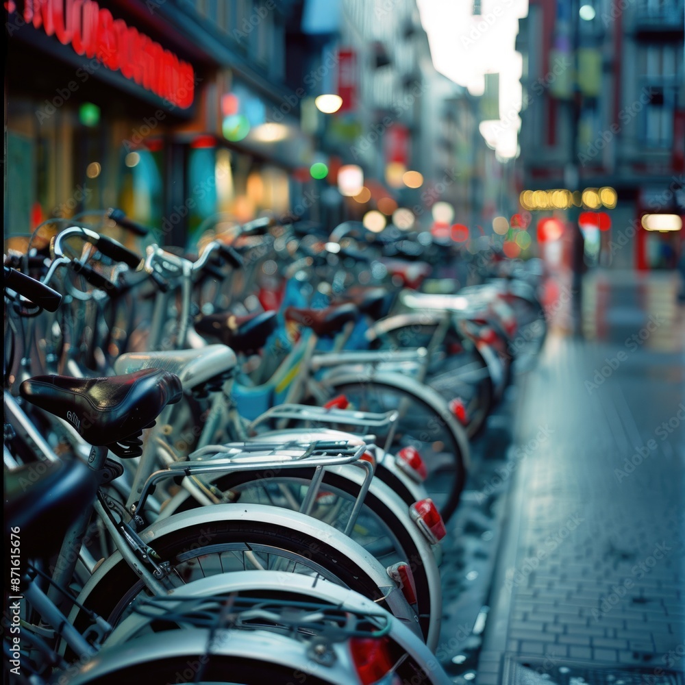 Urban Mobility Solution - Bicycle Sharing Station in a Bustling City Center Promoting Eco-Friendly Transportation Urban Mobility Solution - Bicycle Sharing Station in a Bustling City Center Promoting Eco-Friendly Transportation
