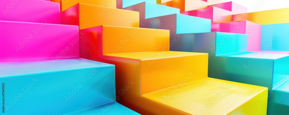 A colorful staircase with pink, blue, and yellow steps. Free copy space for text. A colorful staircase with pink, blue, and yellow steps. Free copy space for text.