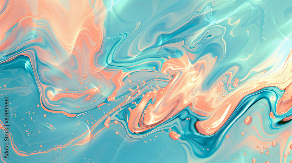 Abstract fluid peach and turquoise color background with liquid marble or iridescent glitter flowing in waves texture for design, banner, poster, card, print on paper, vector illustration, 3D render, Abstract fluid peach and turquoise color background with liquid marble or iridescent glitter flowing in waves texture for design, banner, poster, card, print on paper, vector illustration, 3D render,