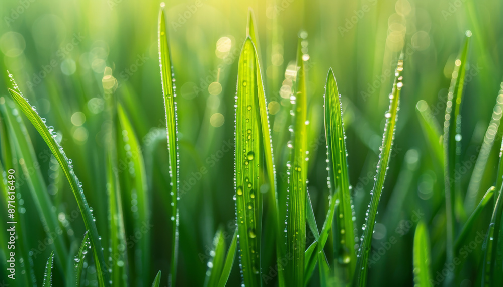 Closeup of Dew-Covered Grass Blades in Morning Light
