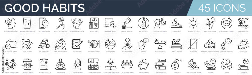 Set of 45 outline icons related to good habits. Linear icon collection. Editable stroke. Vector illustration Set of 45 outline icons related to good habits. Linear icon collection. Editable stroke. Vector illustration