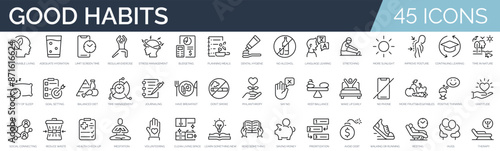 Set of 45 outline icons related to good habits. Linear icon collection. Editable stroke. Vector illustration