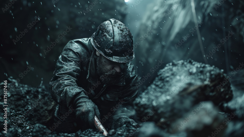 A male miner dressed in protective gear working intensively underground. A male miner dressed in protective gear working intensively underground.