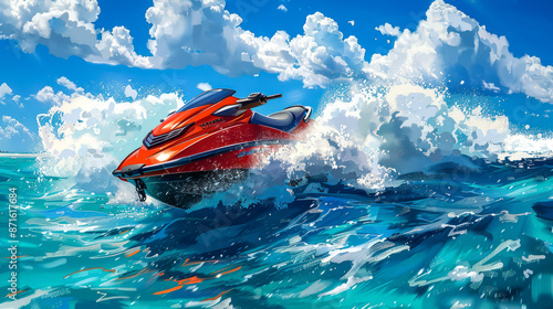 illustration art jet ski on the sea style art anime photo