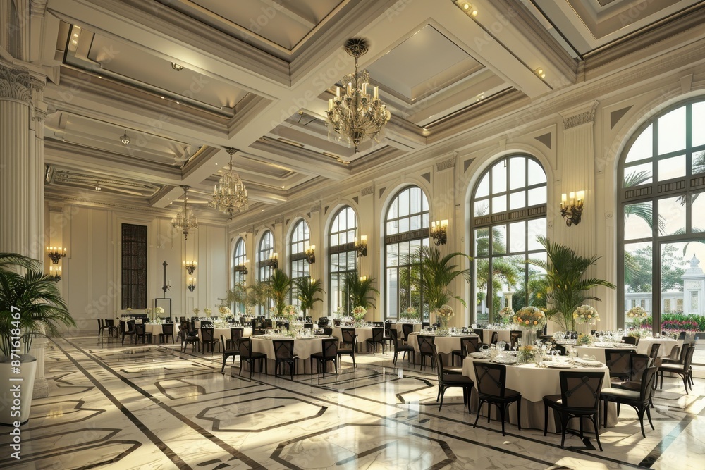 A large room with a projector screen and a chandelier A large room with a projector screen and a chandelier