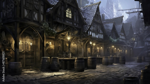 fantasy, tavern, exterior, illustration, cosy, medieval Fantasy RPG character 