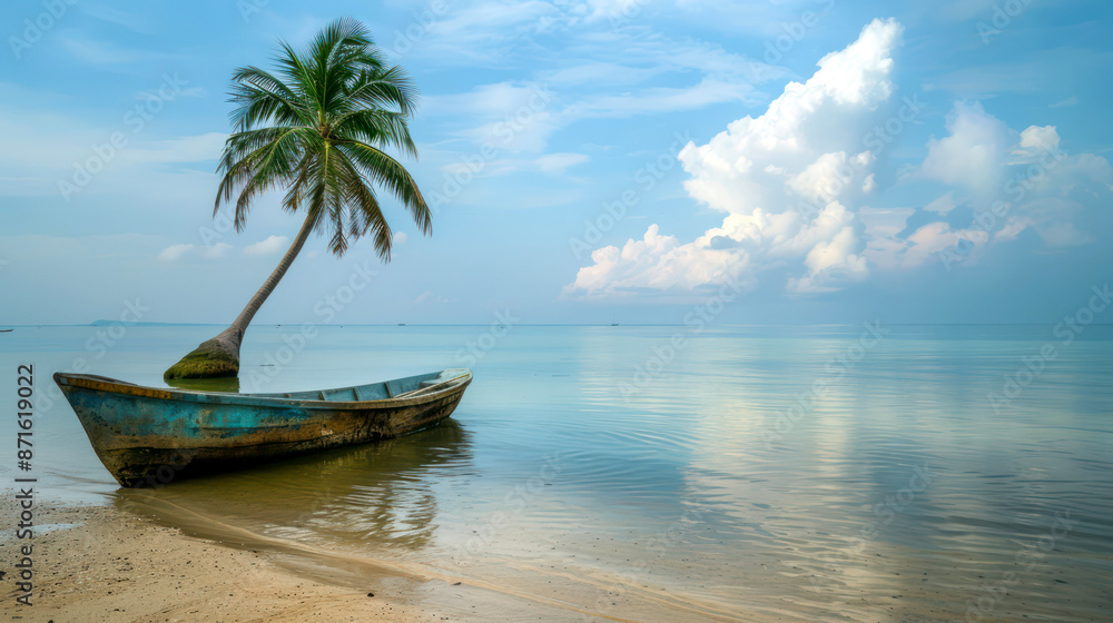 photo wooden boat near coconut tree on sunny day photo wooden boat near coconut tree on sunny day