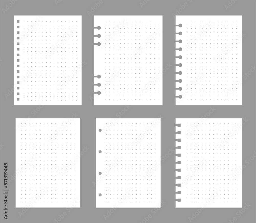 Set of notebook sheets isolated on gray background. Realistic white blanks of dots paper. Different vertical pages from diary. Vector template. Set of notebook sheets isolated on gray background. Realistic white blanks of dots paper. Different vertical pages from diary. Vector template.