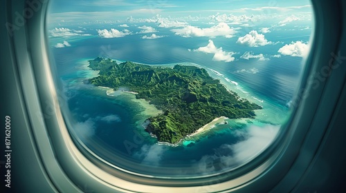 Tropical island viewed from a plane window, Aweinspiring, Cool tones, Digital art © nutcha