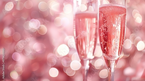 pink champagne glass closeup, bokeh lights background