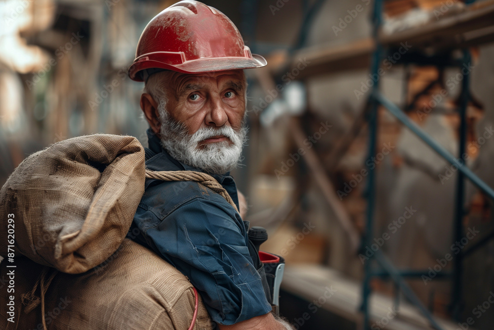 old unhappy worker with helmet and gloves with back injury old unhappy worker with helmet and gloves with back injury