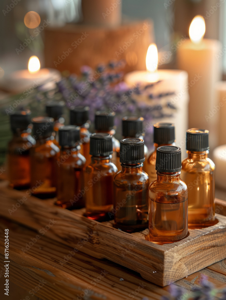 Essential oil bottles on a wooden tray with candles and lavender. Essential oil bottles on a wooden tray with candles and lavender.