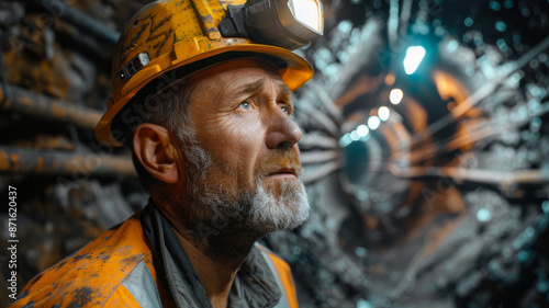 Middle-aged male miner wearing a helmet with a headlamp in a tunnel.