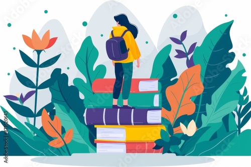 Student on books surrounded by foliage symbolizing education growth and the pursuit of knowledge in a colorful vibrant illustration