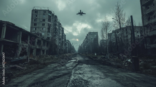 A desolate city street with a plane flying overhead © Jun