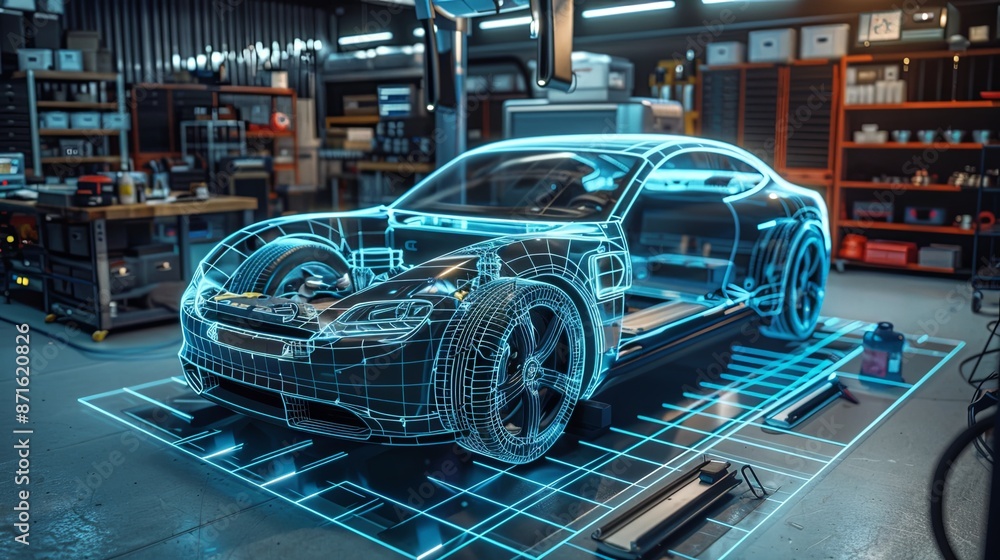 A striking hologram of an electric vehicle displayed within a state-of-the-art factory, epitomizing the fusion of futuristic automotive design and advanced technological applications. A striking hologram of an electric vehicle displayed within a state-of-the-art factory, epitomizing the fusion of futuristic automotive design and advanced technological applications.