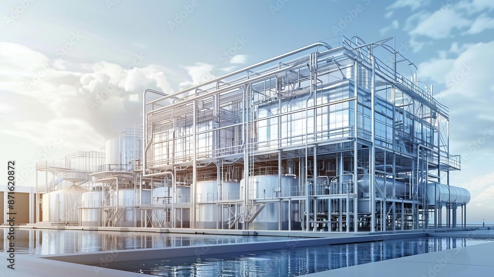 Wireframe desalination plant front view highlighting freshwater production advanced tone vivid Wireframe desalination plant front view highlighting freshwater production advanced tone vivid