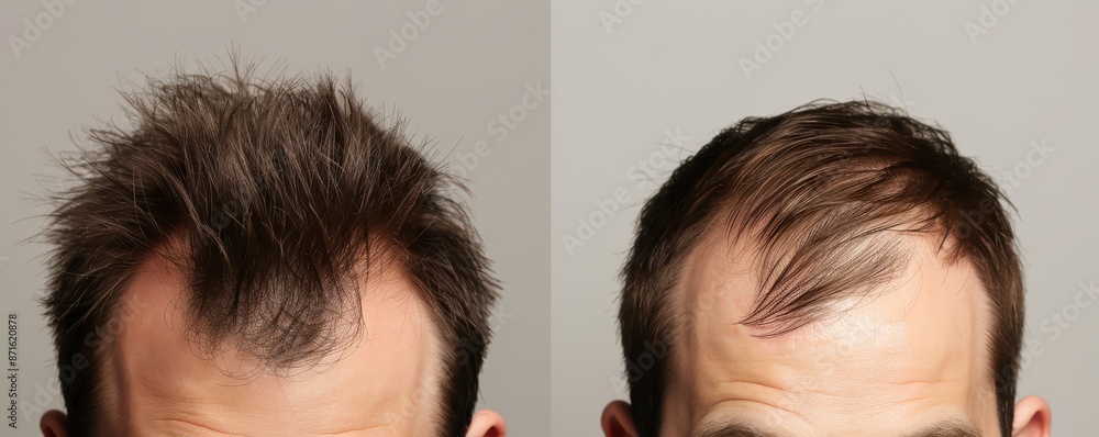 Side-by-side comparison of a man's hair before and after treatment for thinning. Side-by-side comparison of a man's hair before and after treatment for thinning.