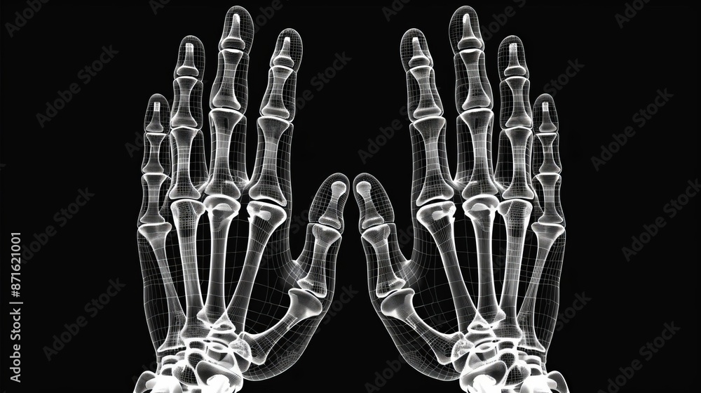 Naklejka premium Wireframe finger bones front view showcasing phalanges structure robotic tone black and white