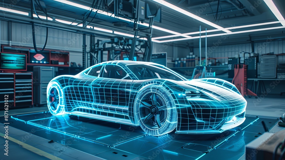 An electric supercar is designed using advanced digital technology in a high-end garage setup. This image epitomizes the blend of technology and luxury in automotive design. An electric supercar is designed using advanced digital technology in a high-end garage setup. This image epitomizes the blend of technology and luxury in automotive design.