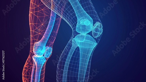 Wireframe knee joint side view highlighting joint anatomy technology tone Analogous Color Scheme photo