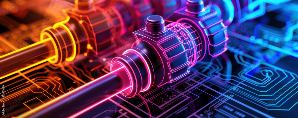 A colorful image of a circuit board with neon colored wires and pipes A colorful image of a circuit board with neon colored wires and pipes