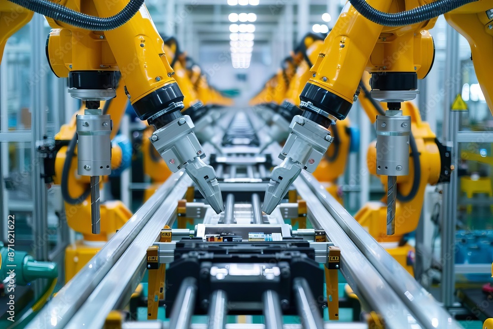 Wireframe assembly line front view showcasing manufacturing process technology tone Complementary Color Scheme Wireframe assembly line front view showcasing manufacturing process technology tone Complementary Color Scheme