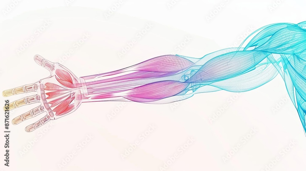 Wireframe arm schematic front view displaying muscle structure cybernetic tone colored pastel Wireframe arm schematic front view displaying muscle structure cybernetic tone colored pastel