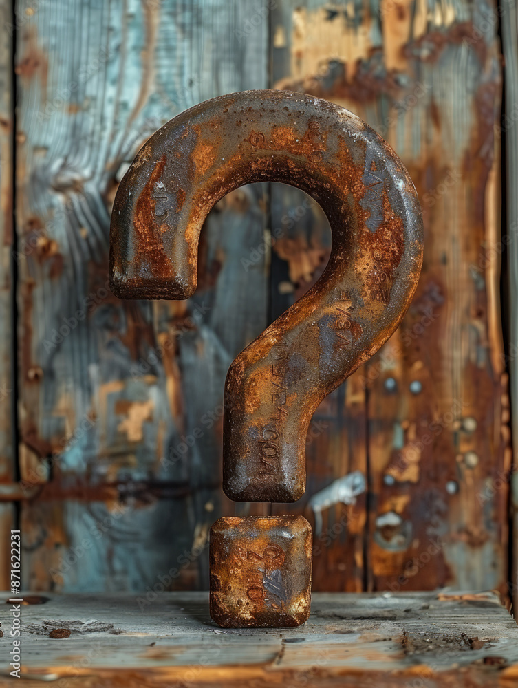 Rusted metal question mark with a weathered wooden background. Rusted metal question mark with a weathered wooden background.