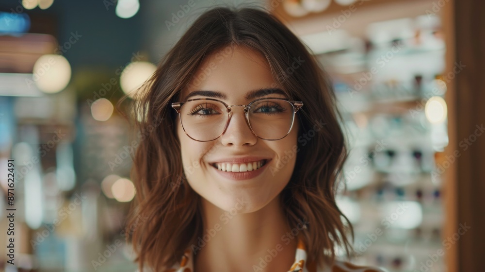 Young Woman with Eyeglasses in Optical Store - Beautiful girl wearing glasses in optician shop Young Woman with Eyeglasses in Optical Store - Beautiful girl wearing glasses in optician shop