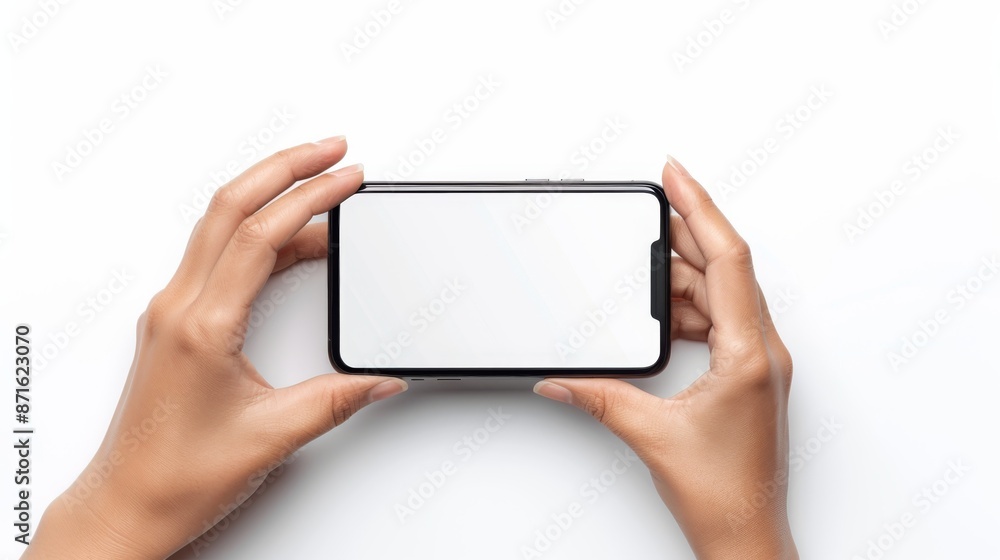 Hands hold mobile phone screen mockup, horizontal smartphone display mock up isolated on white Hands hold mobile phone screen mockup, horizontal smartphone display mock up isolated on white