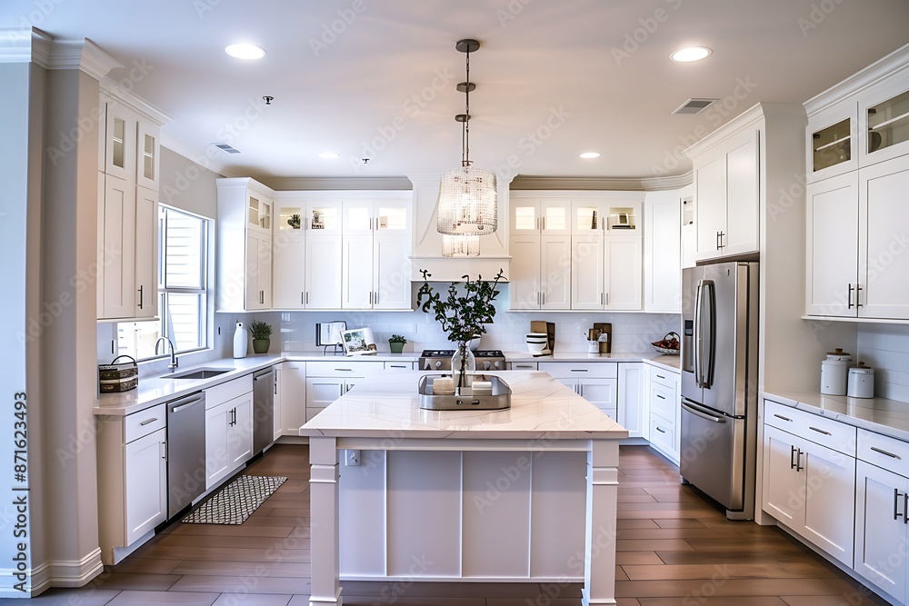 Fototapeta premium A modern kitchen with white cabinetry, a large island, and stainless steel appliances.