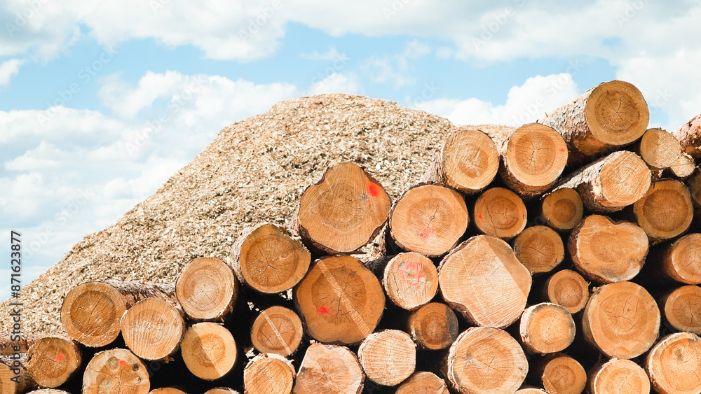 logs and wood chips against a background of blue sky and clouds logs and wood chips against a background of blue sky and clouds