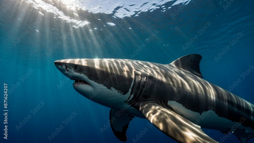 Fototapeta premium Stunning close-up portrait of a great white shark swimming near the ocean surface. Beautiful fish underwater photography illustration wallpaper. Carcharodon carcharias.