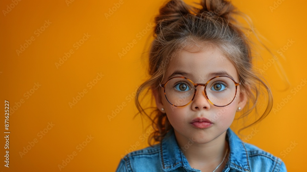 Little child surprised cute kid girl 7-8 years old wears denim shirt glasses have fun looking aside on area isolated on plain pastel yellow background. Mother's Day love family lifestyle concept Little child surprised cute kid girl 7-8 years old wears denim shirt glasses have fun looking aside on area isolated on plain pastel yellow background. Mother's Day love family lifestyle concept