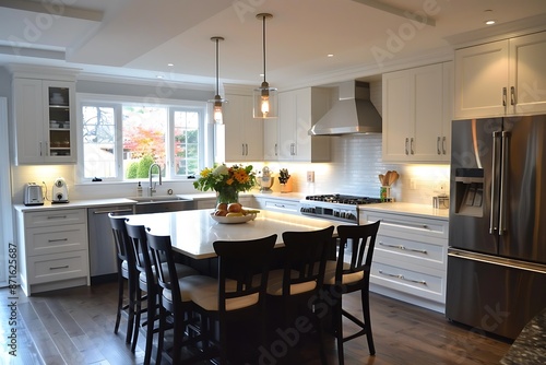 A modern kitchen with white cabinetry, a large island, and stainless steel appliances.