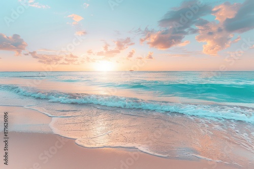 Fototapeta Naklejka Na Ścianę i Meble -  A beautiful beach with a calm ocean and a pink and orange sky