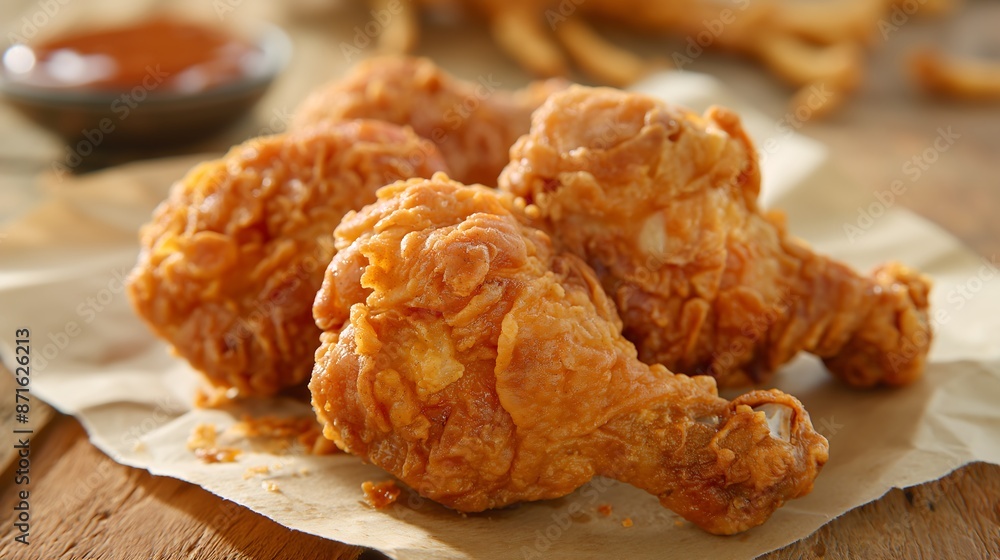 top view fried chicken on the paper of food grade top view fried chicken on the paper of food grade