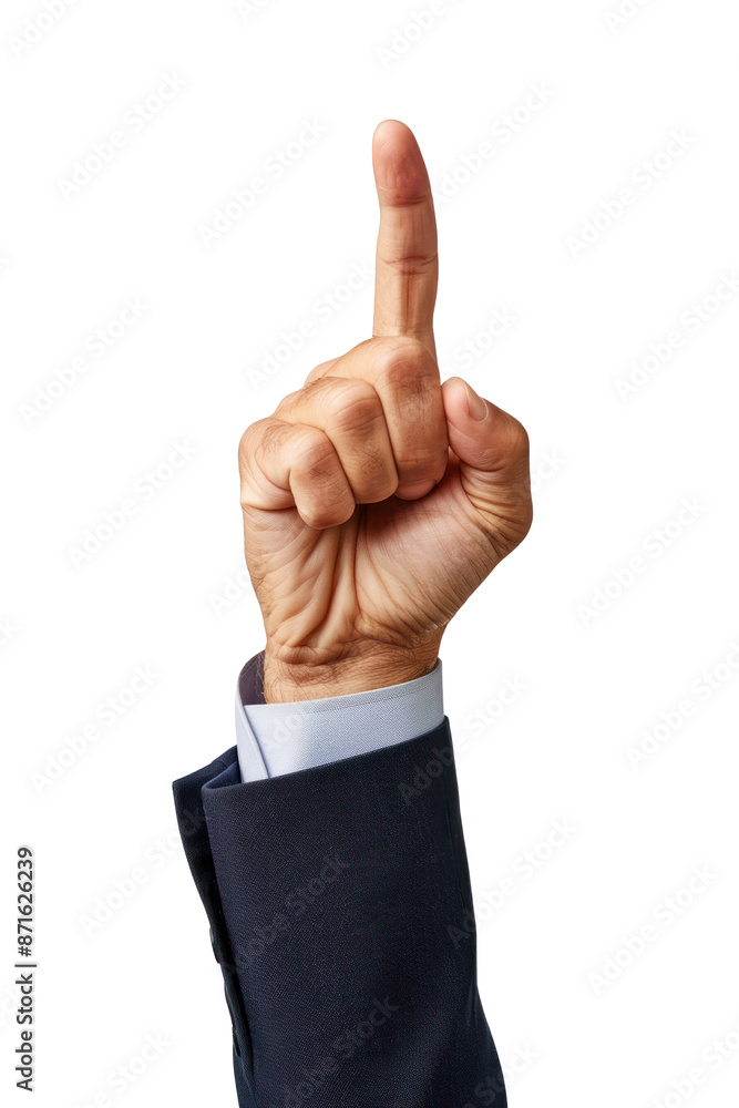 hand in business suit pointing upwards isolated on transparent or white background, clipping path, cut out, symbolizing direction and focus