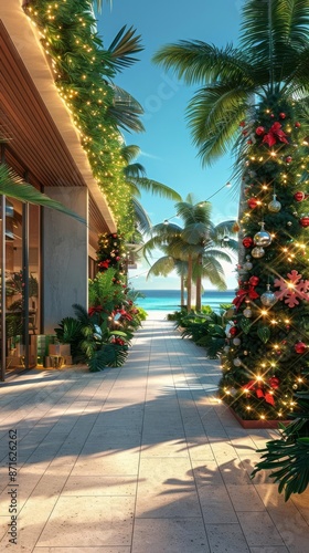 A festive tropical Christmas scene with a palm tree decorated with ornaments and lights.  A pathway leads to the beach. photo