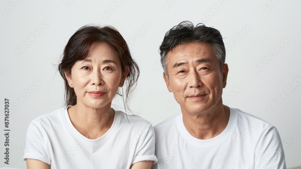 Middle-Aged Asian Couple Smiling at the Camera in Matching White T-Shirts for a Family Portrait Middle-Aged Asian Couple Smiling at the Camera in Matching White T-Shirts for a Family Portrait