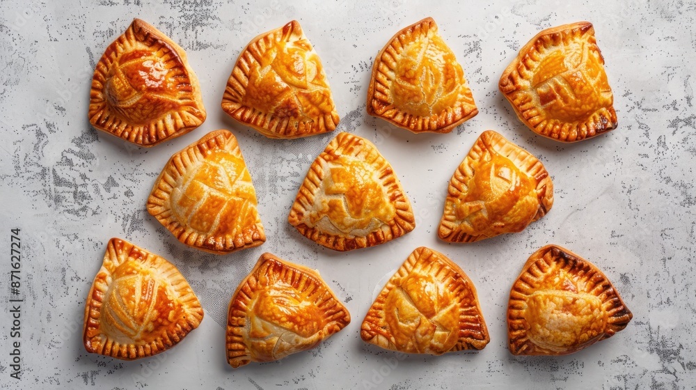 Delicious mini meat pies with unique shapes on a gray background Delicious mini meat pies with unique shapes on a gray background