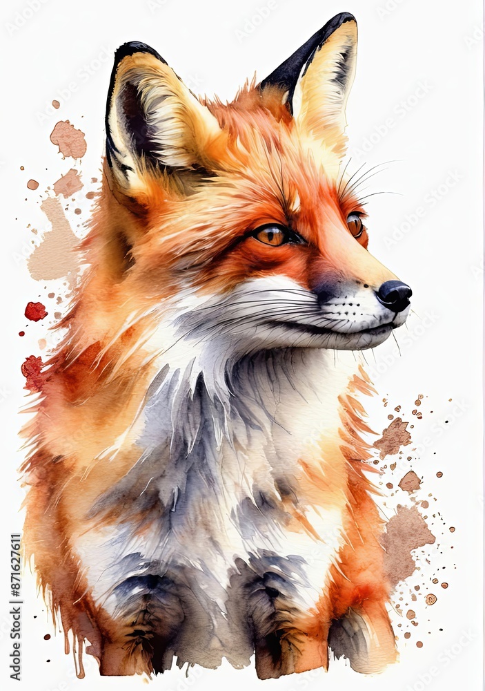 Fototapeta premium The painting depicts a fox in vibrant watercolors, with its fur rendered in warm hues. The fox's expressive eyes gaze from the canvas, encircled by whimsical bursts of color. Generated by AI. 