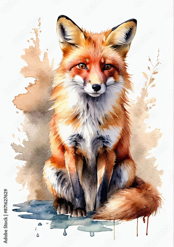 Obraz premium The painting depicts a fox in vibrant watercolors, with its fur rendered in warm hues. The fox's expressive eyes gaze from the canvas, encircled by whimsical bursts of color. Generated by AI. 