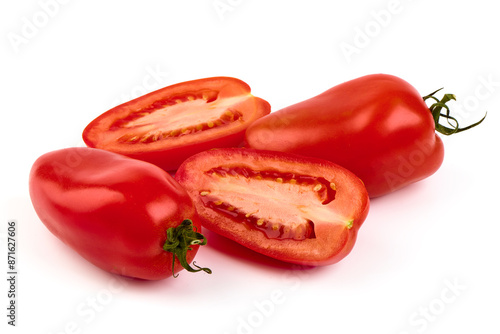 Long red ripe italian san marzano pasta sauce tomatoes, isolated on white background.